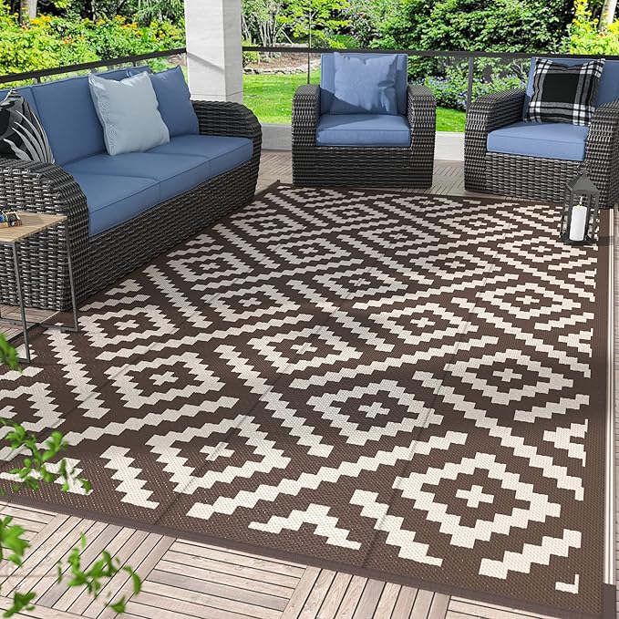 GENIMO Outdoor Rug for Patio Clearance, 6'x9' Waterproof Camping Mat, Reversible Plastic Straw Rugs for RV, Camper, Balcony, Backyard, Picnic, Deck (Coffee & Beige)