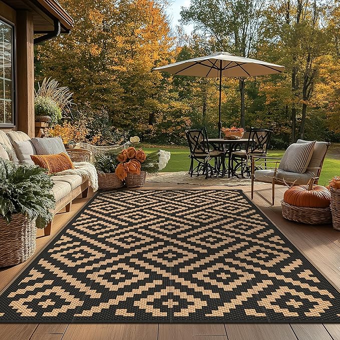 GENIMO 5x8 Outdoor Rug Waterproof, Reversible Mats, Area Rug, Plastic Outside Carpet, Geometric Rv Mat for Patio Camping Rv Picnic Backyard Deck Balcony Porch Beach Trailer (Black & Brown)