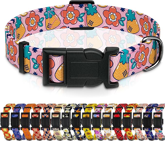 Dog Collar, Cute Cartoon Fruit Boys Girls Puppy Collar for Small Medium Large Dogs, Adjustable Soft Pet Collar with Safety Buckle for Male Females(Pink Cartoon, L)