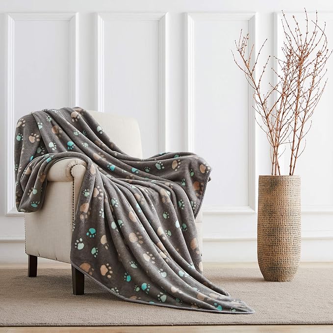 Allisandro 350 GSM-Super Soft and Premium Flannel Fleece Pet Dog Blanket, The Cute Print Design Washable Fluffy Blanket for Extra Large Puppy Cat Kitten Indoor or Outdoor, Grey, 80 x 64 Inches