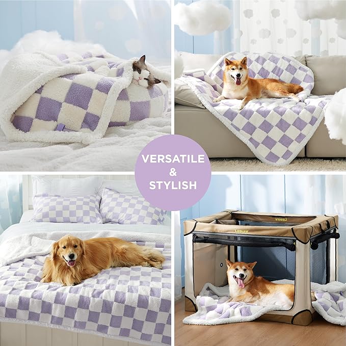 LE SURE Waterproof Puppy Blanket for Small Dogs - Washable Double Sided Dog Blankets with Warm Jacquard Shag and Soft Sherpa Fleece, Pet Cat Blanket for Couch Protection, 3D Textured Cloud, Purple
