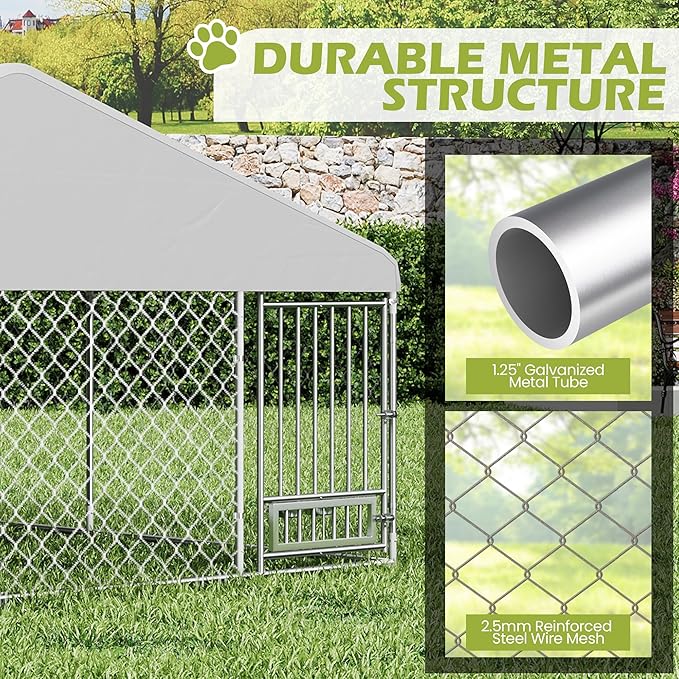15FTx15FT Outdoor Dog Kennel with Roof, Outside Dog Run Fence with Rotated Dog Bowls, Large Dog House Pen Enclosure with Secure Lock&Textilene Door