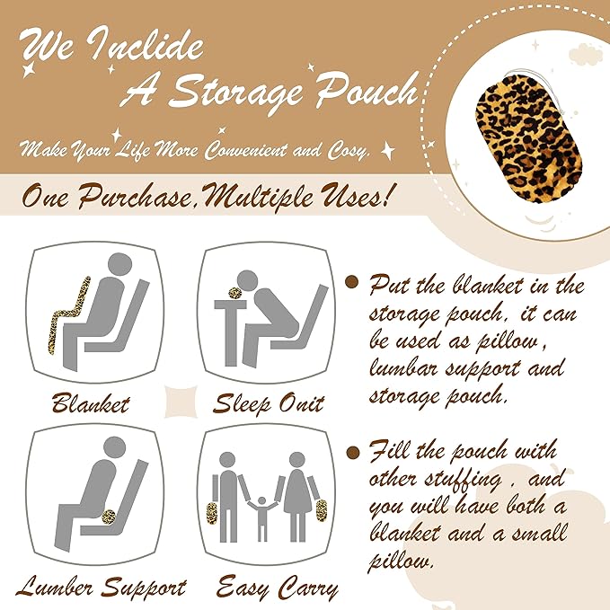 Bnuitland Leopard Print Fleece Flannel Throw (50x40inch) with Storage Pouch, 300 GSM Double Sided Lightweight for Bed Sofa Travel, Super Soft Fuzzy Fluffy Cheetah Print Blanket for Babys/Kids/Pets