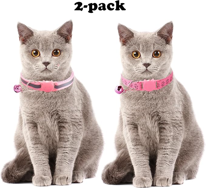 Hot Pink Kitten Collar with Bells, [2 Pack] Light Blue Break Away Cat Collar with Bells, Reflective Cat Collar for Boy Cats Kitty