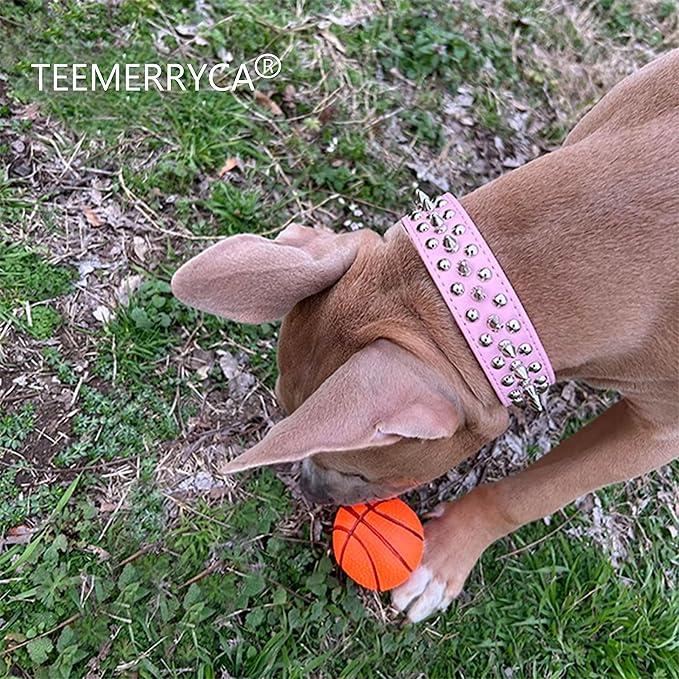 TEEMERRYCA Adjustable Leather Spiked Studded Dog Collars with a Squeak Ball Gift for Small Medium Large Pets Like Cats/Pit Bull/Bulldog/Pugs/Husky, Pink, XS 8.3-10.6 inches