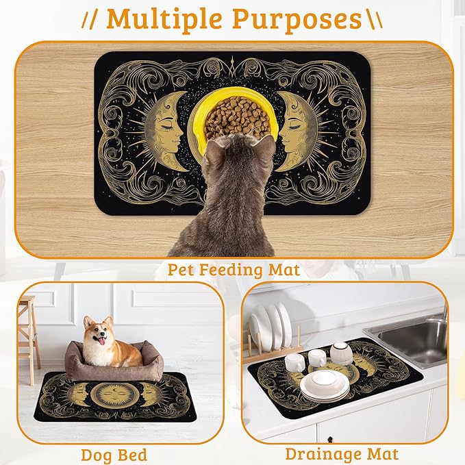 Dog Bowl Mat,Moon Sun Pet Feeding Mat for Floors Waterproof,Boho Vintage Absorbent Dogs Placemat for Food and Water Quick Dry Pet Cat Feeding Mats with Non Slip Bottom 12" x 20"