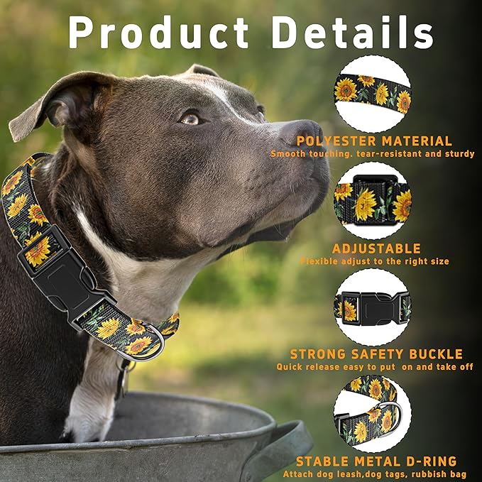 Dog Collar for Boys Girls, Sunflower Puppy Collar for Small Medium Large Dogs, Adjustable Soft Floral Pet Collar with Safety Buckle for Male Females(Black Sunflower,L)