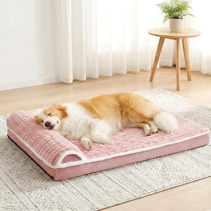 Orthopedic Dog Bed Medium Size Dog with Pillow 30''X20'', Waterproof Soft Comfortable Egg Crate Foam Pet Crate Beds Mat with Removable Washable Cover and Non-Slip Bottom, Pink