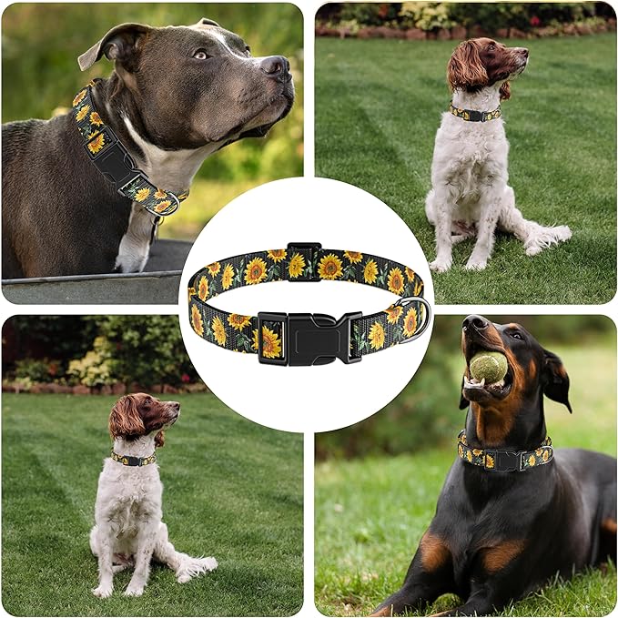 Dog Collar for Boys Girls, Sunflower Puppy Collar for Small Medium Large Dogs, Adjustable Soft Floral Pet Collar with Safety Buckle for Male Females(Black Sunflower,S)