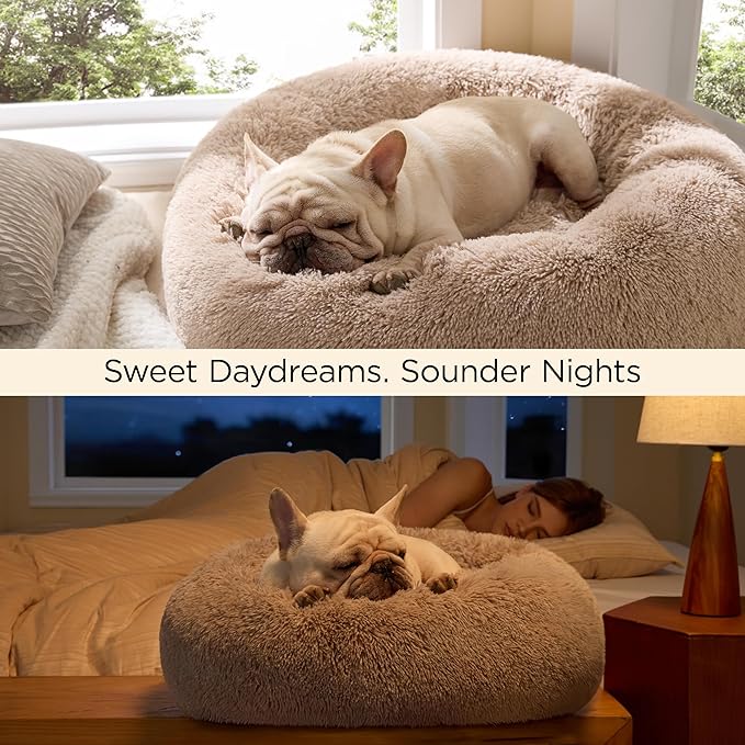 Bedsure Calming Dog Bed for Small Medium Dogs - Donut Washable Medium Puppy Bed, 27 inches Anti-Slip Round Fluffy Plush Faux Fur Pet Bed, Camel