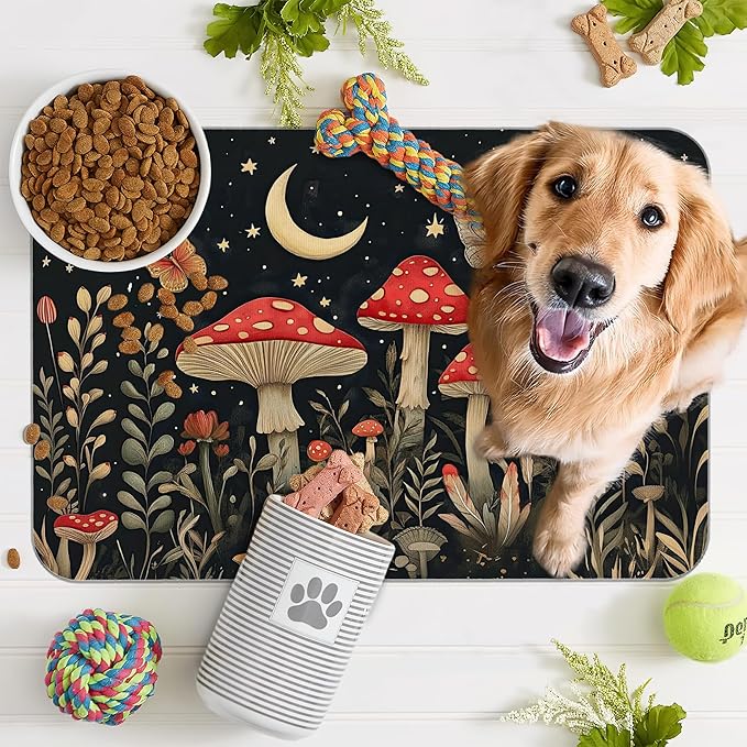 Red Mushrooms Pet Feeding Mat,Wildflower Plant Butterfly Absorbent Quick-Dry Cat Dog Food and Water Bowl Mats,Non-Slip Rubber Backing Mat,Cat Dog Accessories Supplies 16"x24"