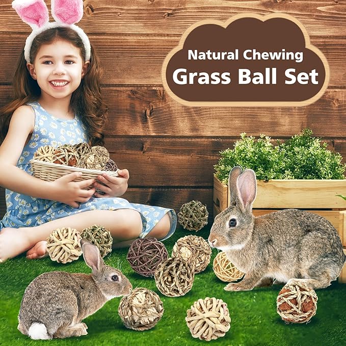 VESPRO Bunny Chew Grass Balls, (8 Pcs) Rolling Chew Toys for Small Animals, Natural Chew Grass Toys and Bunny Treats for Rabbits, Guinea Pigs, Chinchillas, Hamsters, Mice Teeth Grinding
