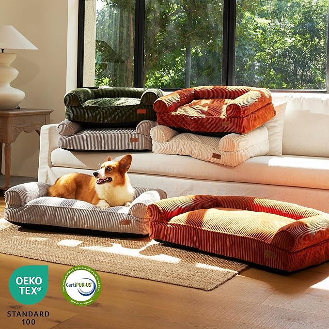 FUKUMARU Cute Dog Bed, Waterproof Corduroy Dogs Couch, 36in Orthopedic Pet Sofa for Medium to Large Dogs Dog, Warm Cotton Pet Bed with Washable Cover, Grey