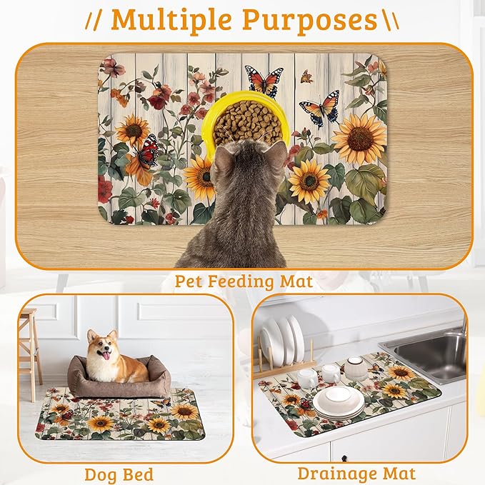 Pet Feeding Mat,Vintage Flower Absorbent Dog Cat Food Mat Rustic Wooden Dog Mat with Rubber Backing,Non-Slip Water Bowl Placemat,Pet Supplies 12" x 20"