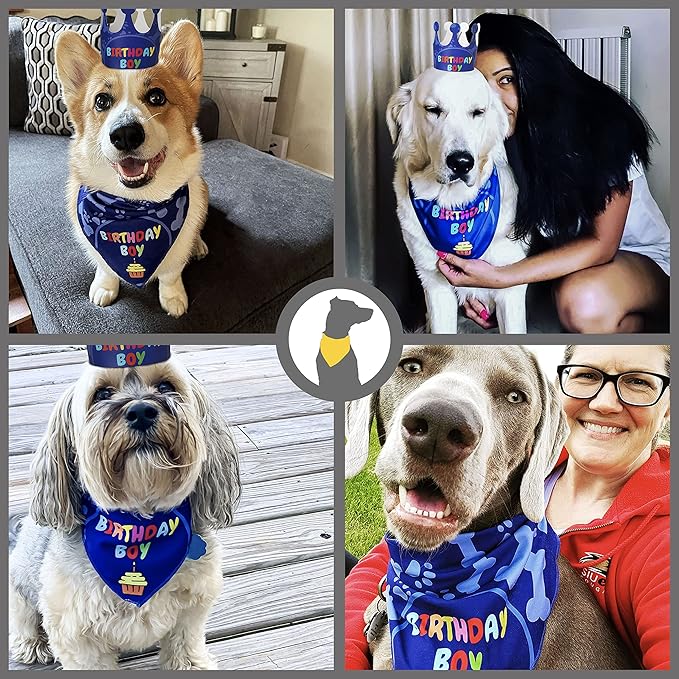 Dog Birthday Party Decorations - Bday Bandana Set - Birthday Boy Bandana for Small Dogs, Puppy, Party Hat, Crown and Cute Dog Birthday Banner with It's My Birthday Mother Puppers Sign