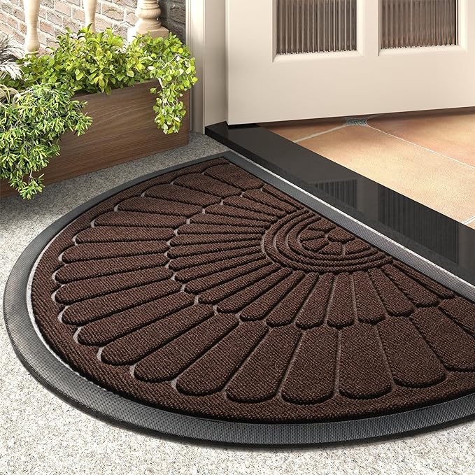 tchdio Door Mat Outdoor Indoor Entrance Doormat-Semicircular Durable Rubber Non Slip Front Door Mat for Outside Inside Entry Entryway Dirt Trapper WelcomeMat for Muddy Paws and Shoes-Brown 17”x30”