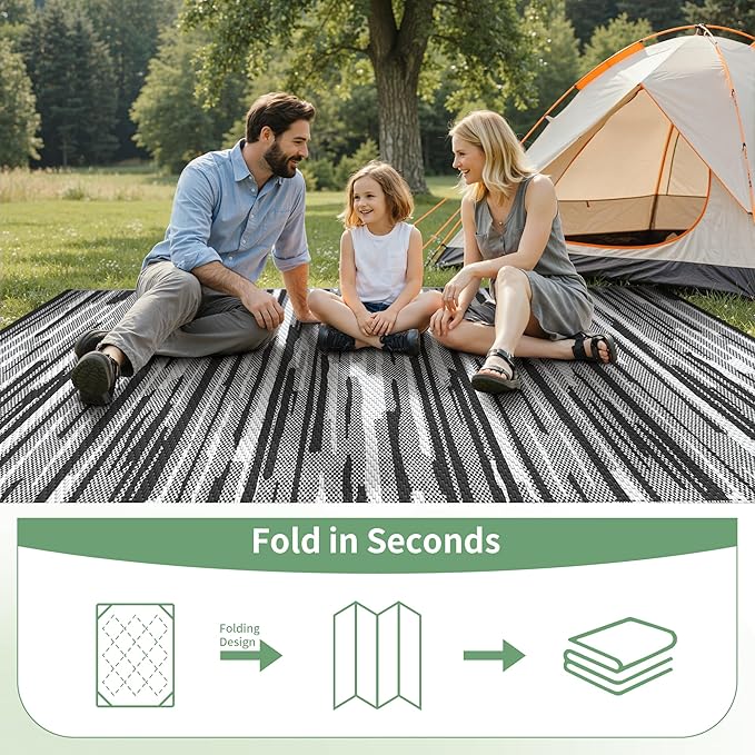 GENIMO Outdoor Rug for Patio Clearance, 8'x10' Waterproof Camping Mat, Reversible Plastic Straw Rugs for RV, Camper, Balcony, Backyard, Picnic, Deck (Black White)
