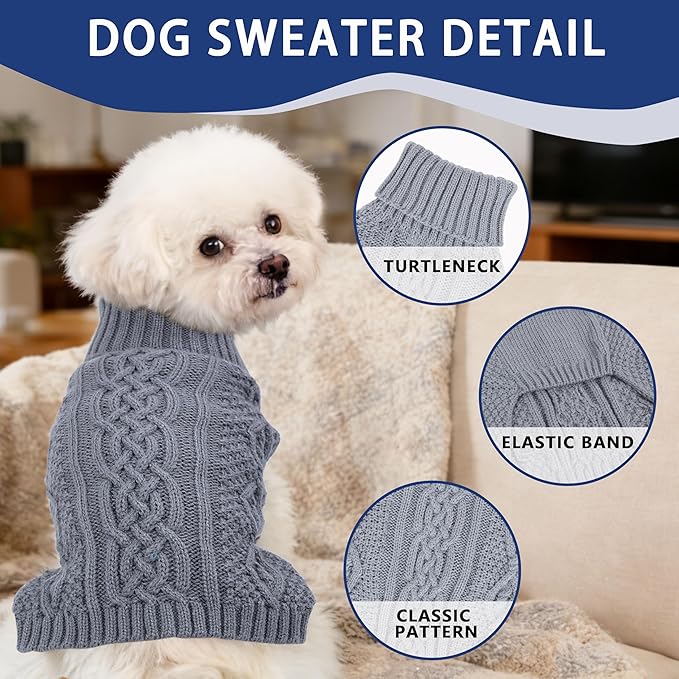 Dog Sweaters Small Dog Clothes Winter Turtleneck Puppy Sweater Warm Pet Cat Sweater Doggy Pullover Outfit with Twisted Design XS~XL(Grey, Medium)