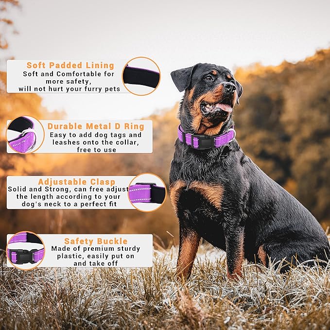 2 Pack Reflective Dog Collar with Safety Locking Buckle, Adjustable Soft Breathable Comfortable Nylon Pet Collar for Small, Medium and Large Dogs, Rosered, XL