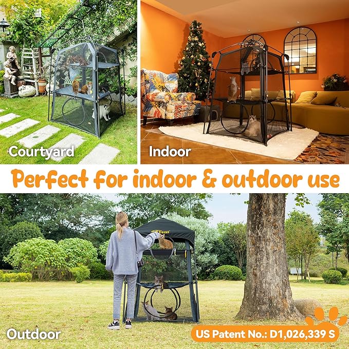 Automatic Pop-Up Cat Enclosure|3-Tier Cat Tent|Cat Cage|Outdoor Catio with Patent,Breathable Portable & Foldable, Stable Structure for Indoor/Outdoor, Free Teaser Wand,Friendly Connectable playpen