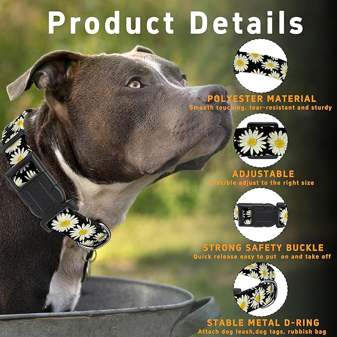 Dog Collar, Daisy Boys Girls Puppy Collar for Small Medium Large Dogs, Adjustable Soft Floral Pet Collar with Safety Buckle for Male Females(Black Daisy,S)