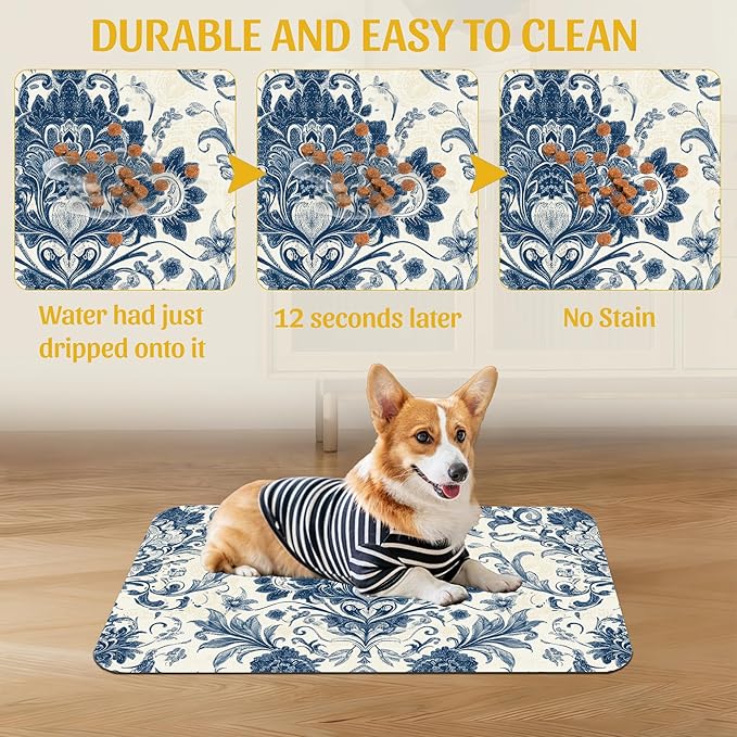 Vintage Floral Paisley Pet Feeding Mat, Absorbent Dog Cat Bowl Pad, Quick Dry, No Stains, Non-Slip Backing – 12x20 Inch