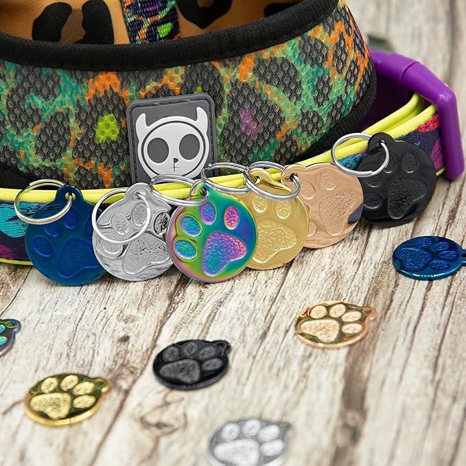 Engraved Pet Tag for Dogs and Cats - Personalized Front & Back up to 4 Lines of Text Custom Engraved ID, Round Paw Print Solid Plating Stainless Steel Gold Regular