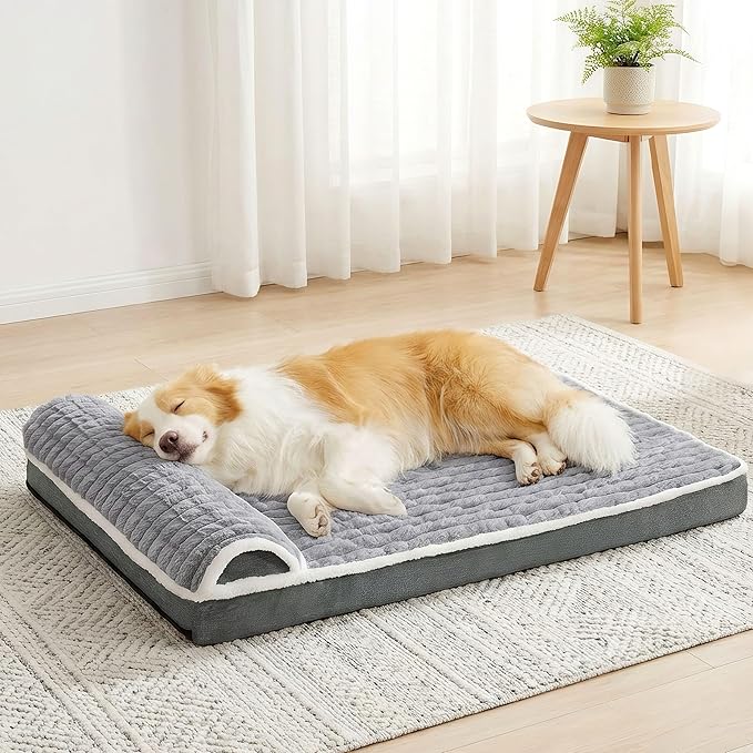 Orthopedic XL Dog Bed Large Sized Dog with Pillow 48''X30'', Waterproof Soft Comfortable Egg Crate Foam Pet Crate Beds Mat with Removable Washable Cover and Non-Slip Bottom, Grey