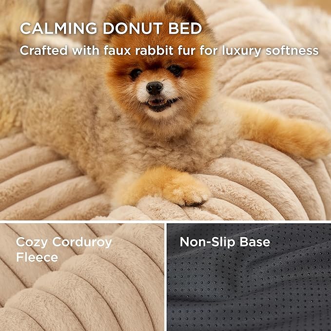 Bedsure ComfyFleece™ Donut Large Dog Bed - Washable Faux Fur with Corduroy Fleece & Anti Slip Bottom, Round Pet Bed with Removable Cover, Sandy Beige, 36x36x8 inches