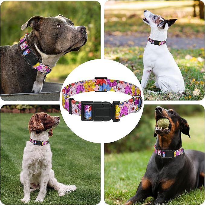 Dog Collar, Pink Floral Boys Girls Puppy Collar for Small Medium Large Dogs, Adjustable Soft Floral Pet Collar with Safety Buckle for Male Females(Pink Floral, S)