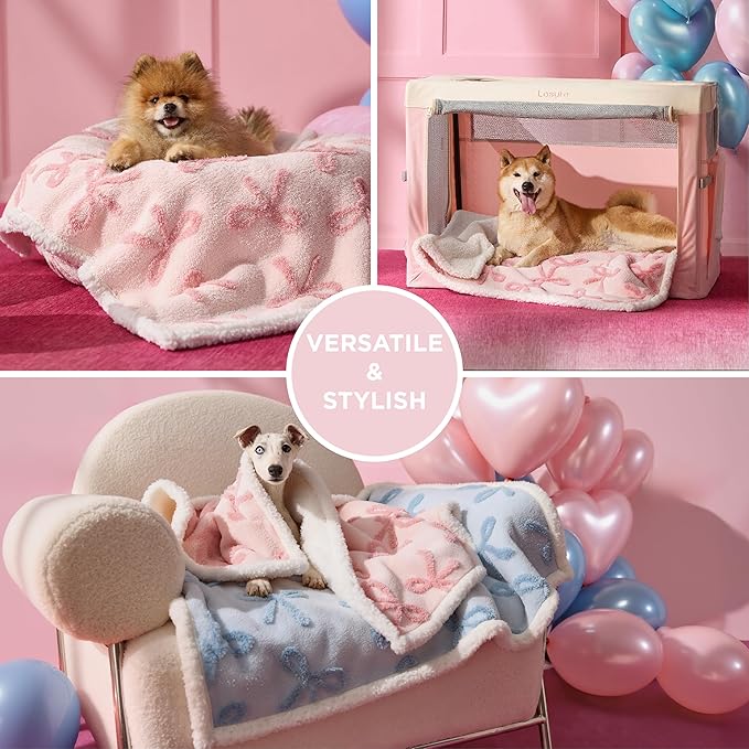 LE SURE Waterproof Puppy Blanket for Large Dogs - Washable Double Sided Dog Blankets with Warm Jacquard Shag and Soft Sherpa Fleece, Pet Cat Blanket for Couch Protection, Bow Design，Pink Taffy