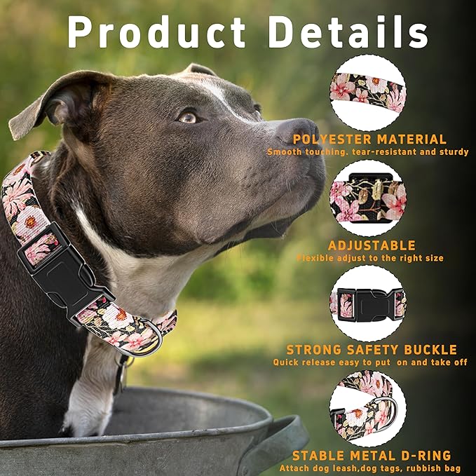 Dog Collar for Boys Girls, Floral Puppy Collar for Small Medium Large Dogs, Adjustable Floral Pattern Soft Pet Collar with Safety Buckle for Male Females(Light Pink,M)