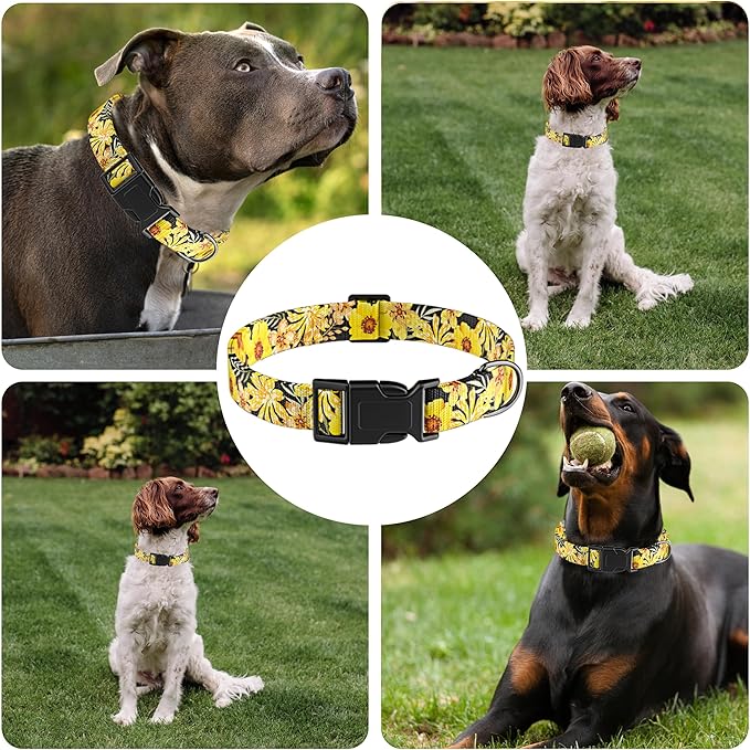 Dog Collar for Boys & Girls, Adjustable Soft Pattern Pet Collar with Safety Buckle for Small to Large Dogs (Yellow Floral, L)
