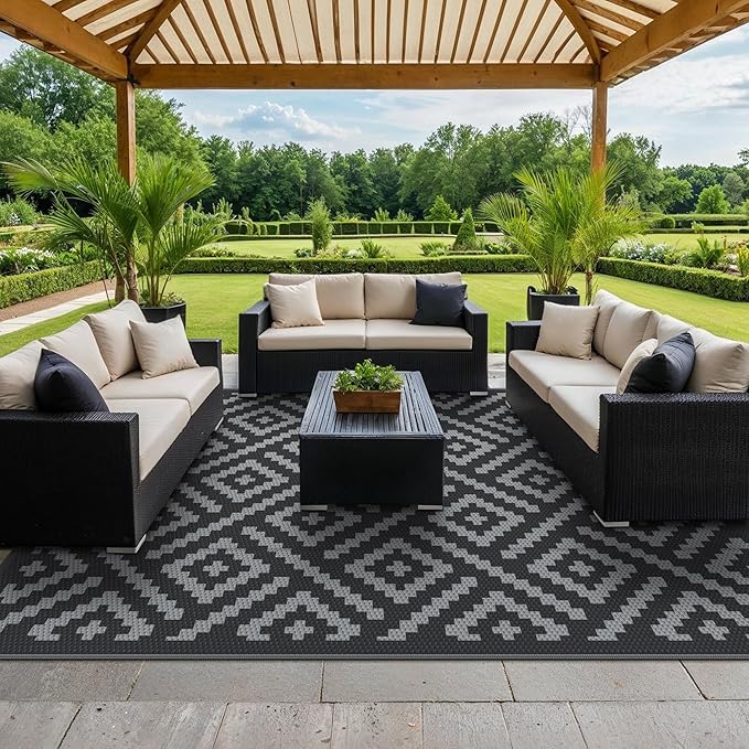 GENIMO Outdoor Rugs 8x10 Waterproof, Reversible Mats, Area Plastic Straw Rug, Outside Carpet, Geometric Rv Mat for Patio Camping Rv Picnic Backyard Deck Balcony Porch Beach Trailer (Black & Grey)