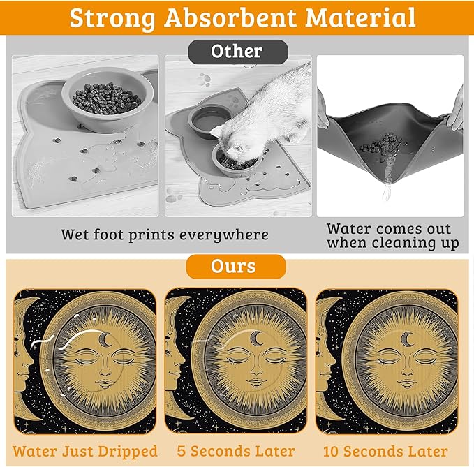Dog Bowl Mat,Moon Sun Pet Feeding Mat for Floors Waterproof,Boho Vintage Absorbent Dogs Placemat for Food and Water Quick Dry Pet Cat Feeding Mats with Non Slip Bottom 16" x 24"