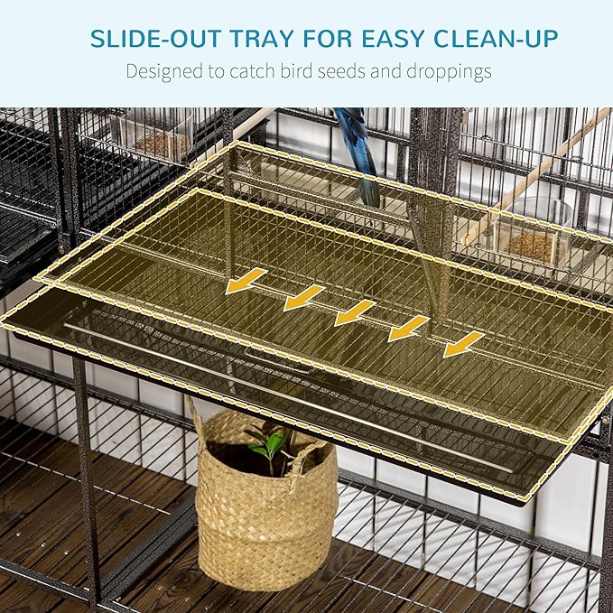 PawHut 65" Double Rolling Metal Bird Cage with Divider, Large Parrot Cage for Parakeet, Canaries, Lovebirds, Budgie, Finch, with Detachable Rolling Stand, Storage Shelf, Wood Perch & Food Container