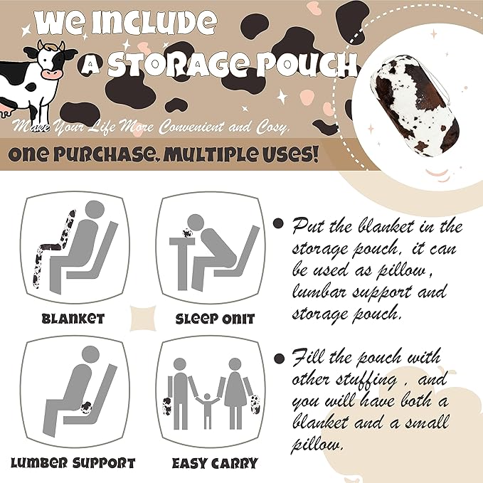 Bnuitland Cow Print Throw Blanket with Storage Pouch, 300 GSM Double Sided Cute for Bed/Sofa/Lap, Gift Blanket for Kids/Babys/Pets, Super Soft Cozy Lightweight Fuzzy Flannel Throw, 50×40 inch