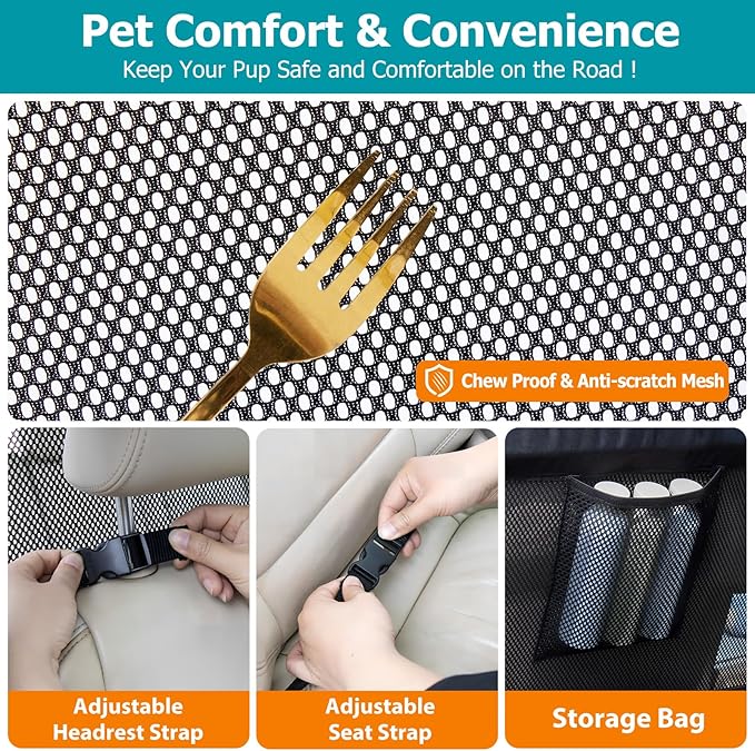 Dog Barrier for Car Back Seat & Cargo Area with Wider Coverage, Universal Fit for Car, SUV & Truck, Dog Car Divider with Chew-Proof Transparent Net and Sturdy Metal Frame for Backseat & Trunk