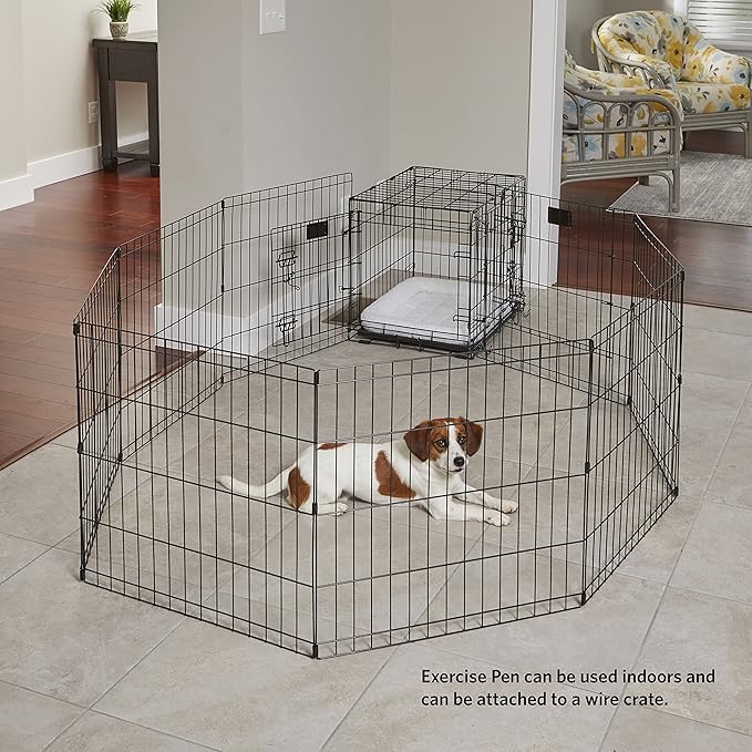 MidWest Homes for Pets Folding Metal Puppy / Dog Exercise Pen, Indoor/Outdoor Playpen with Secure Door, Provides 16 Sq Feet of Play Space, 24-Inches Tall, Black E-Coated